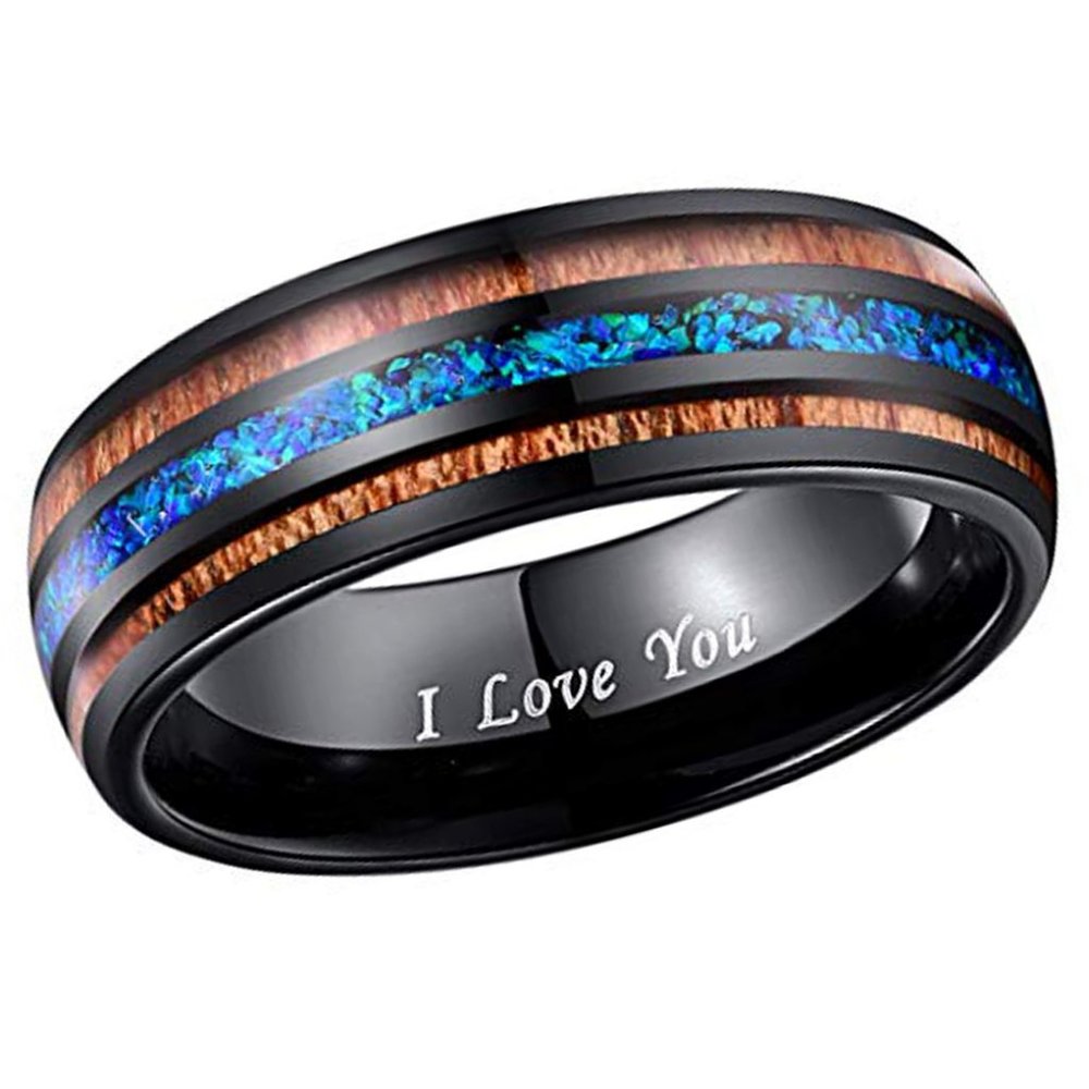 Unisex Tungsten Wedding Band. Black, Multi Color Wood & Sea Blue Opal Inlay Ring